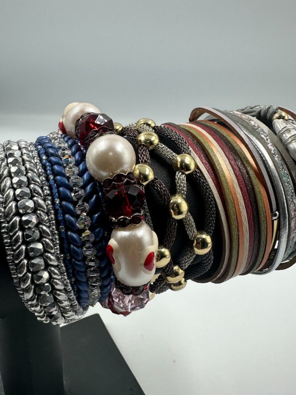 Magnetic Clasp Bracelet Lot Multi Strand Leather Cord Beaded Boho Textured